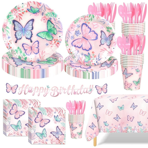 Ayieyill 170Pcs Happy Birthday Decorations Kit, Butterfly Birthday Party Supplies Set for 24 Guests, Includes Plates and Cups and Napkins Straws Sets
