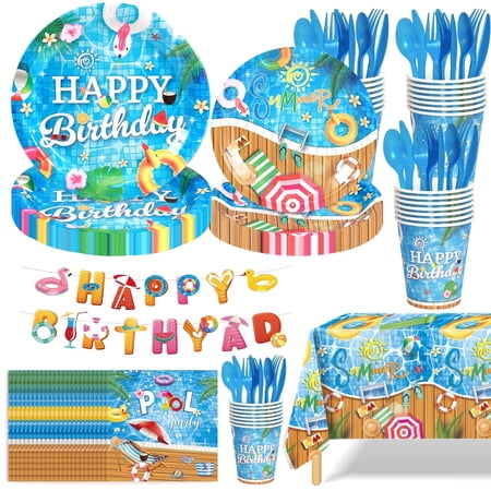 Ayieyill 170Pcs Happy Birthday Decorations Kit, Summer Birthday Party Supplies Set for 24 Guests, Includes Plates and Cups and Napkins Straws Sets