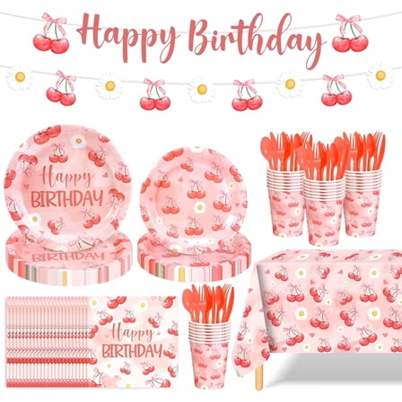 Ayieyill 170Pcs Happy Birthday Decorations Kit, Cherry Birthday Party Supplies Set for 24 Guests, Includes Plates and Cups and Napkins Straws Sets
