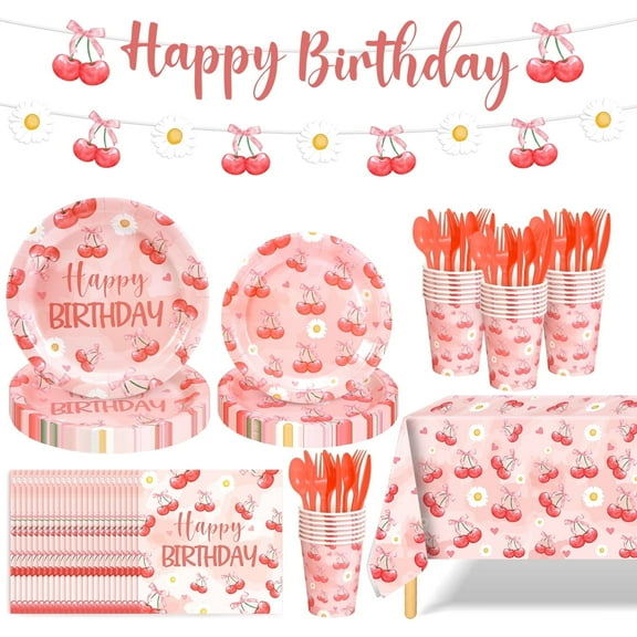 Ayieyill 170Pcs Happy Birthday Decorations Kit, Cherry Birthday Party Supplies Set for 24 Guests, Includes Plates and Cups and Napkins Straws Sets