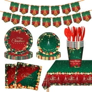 Ayieyill 170Pcs Christmas Party Supplies, Christmas Disposable Dinnerware Set for 24 Guests, Merry Christmas Theme Holiday Tableware Decorations Kit(Red Green)