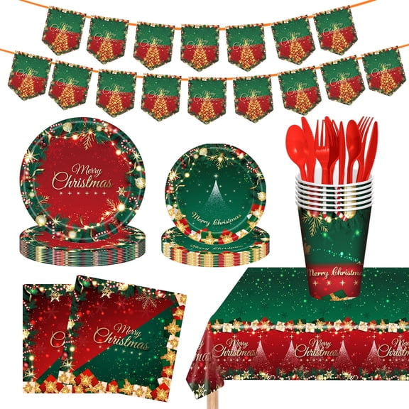 Ayieyill 170Pcs Christmas Party Supplies, Christmas Disposable Dinnerware Set for 24 Guests, Merry Christmas Theme Holiday Tableware Decorations Kit(Red Green)