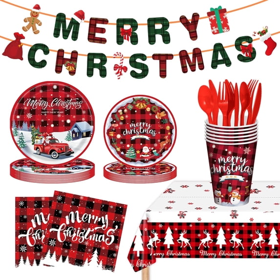 Ayieyill 170Pcs Christmas Party Supplies, Christmas Disposable Dinnerware Set for 24 Guests, Merry Christmas Theme Holiday Tableware Decorations Kit(Red Plaid)