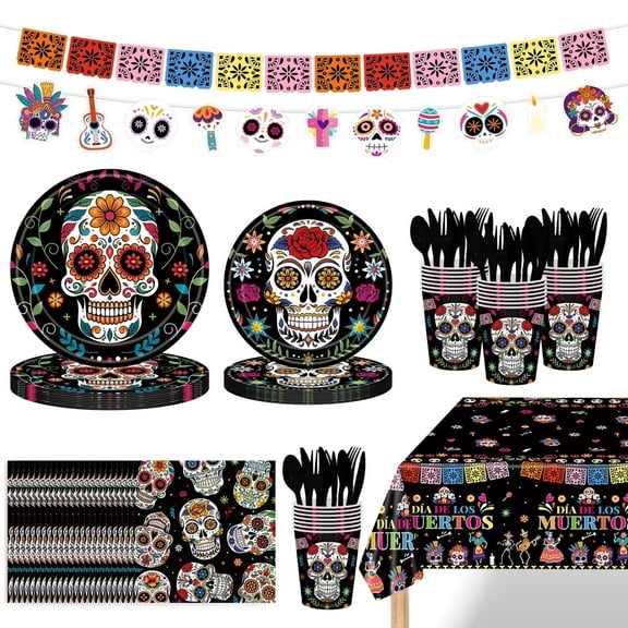 Ayieyill 170Pcs Day of the Dead Party Decorations Kit, Dia de los Party Supplies Set for 24 Guests, Includes Plates and Cups and Napkins Straws Sets