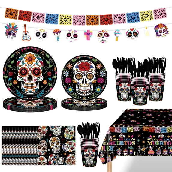 Ayieyill 170Pcs Day of the Dead Party Decorations Kit, Dia de los Party Supplies Set for 24 Guests, Includes Plates and Cups and Napkins Straws Sets