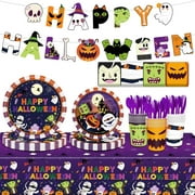 Ayieyill Halloween Party Supplies Set for 24 Guests, 170PCS Halloween Tableware Kit for Party Decoration, Disposable Plates, Cups, Napkins and Tablecloth