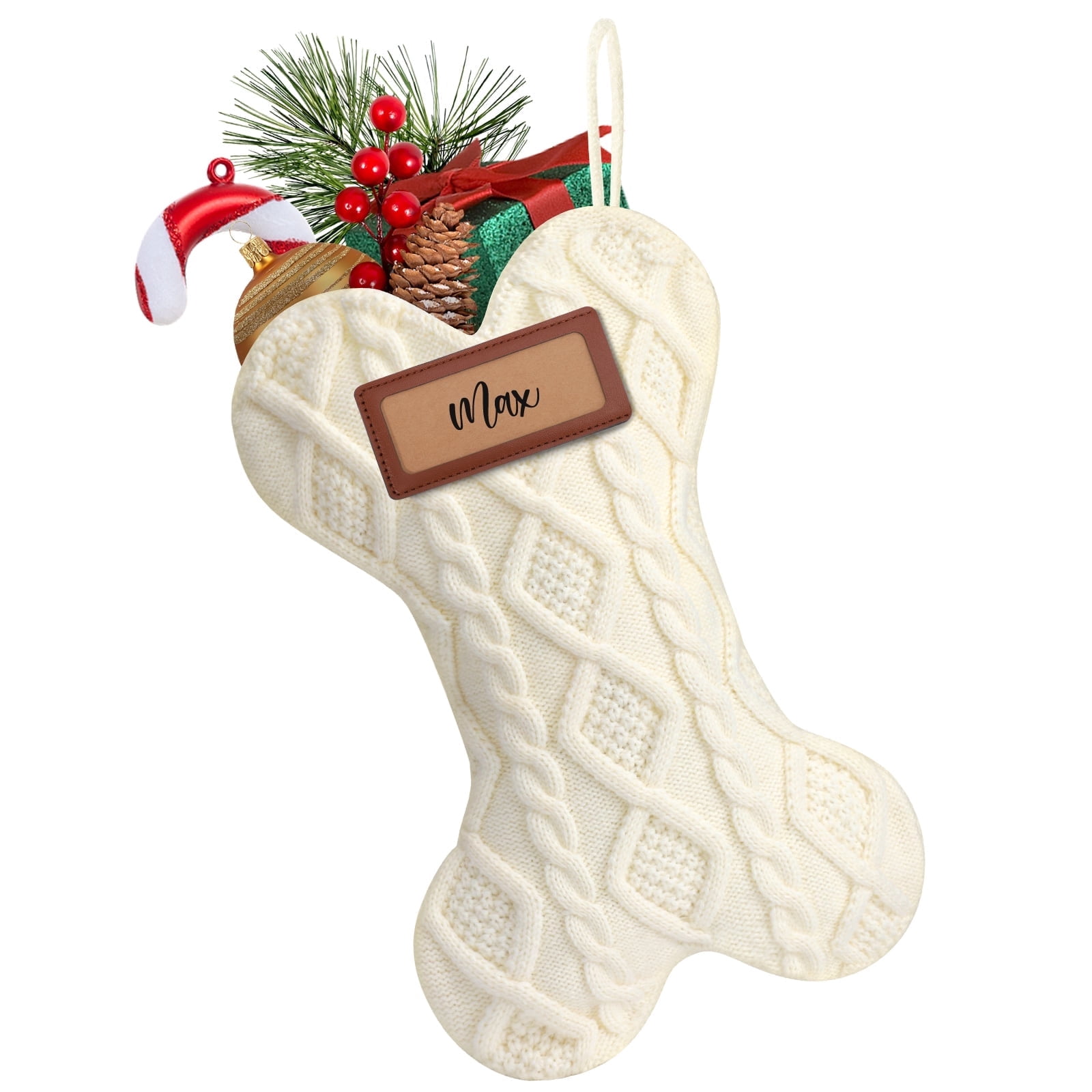 Ayieyill 18" Dog Christmas Stocking, Bone Shape Stocking Christmas for Dog, Large Pet Stockings Hanging Christmas Decorations (White)