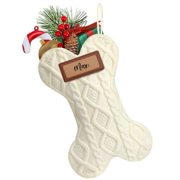 Ayieyill 18" Dog Christmas Stocking, Bone Shape Stocking Christmas for Dog, Large Pet Stockings Hanging Christmas Decorations (White)