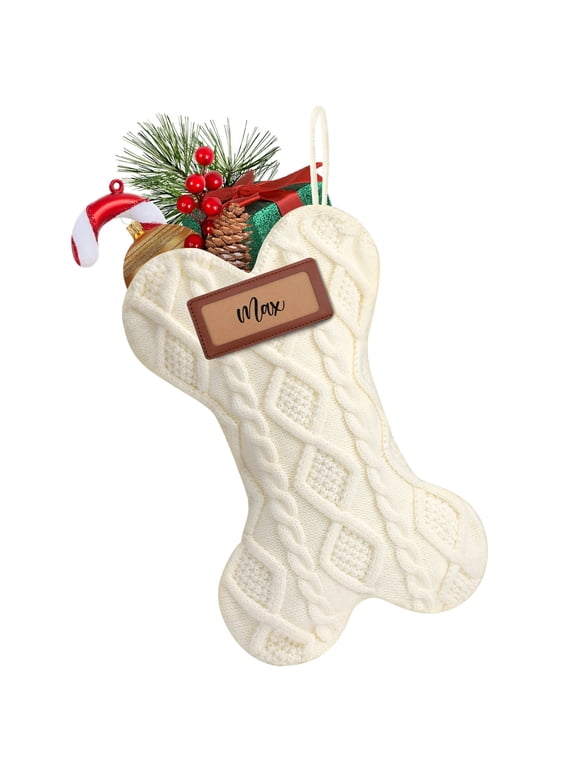 18" Dog Christmas Stocking, Bone Shape Stocking Christmas for Dog, Large Pet Stockings Hanging Christmas Decorations (White)