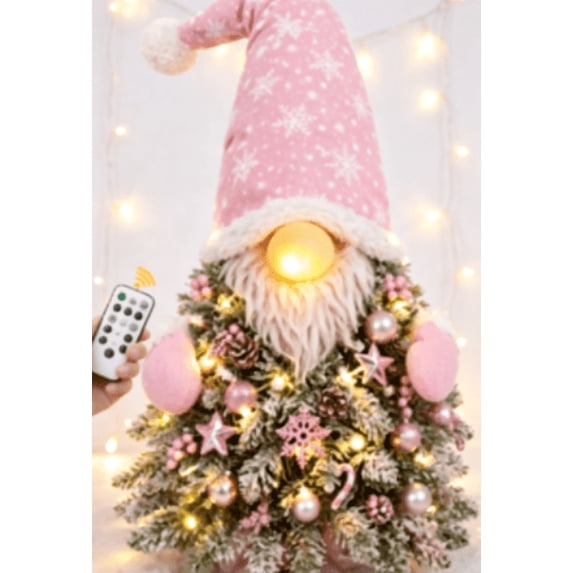 Ayieyill 24 Inch Lighted Christmas Gnome Tree, Pink Snowflake Hat Tomte with Timer & Remote, Battery Operated Xmas Decor for Indoor Tabletop Porch