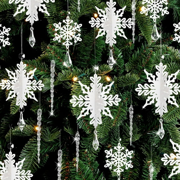 Ayieyill 24 Pieces Christmas Snowflake Drop Ornament Acrylic Icicle Christmas Hanging Acrylic Crystal Snowflake Decoration Hanging Acrylic Snowflakes (Clear)