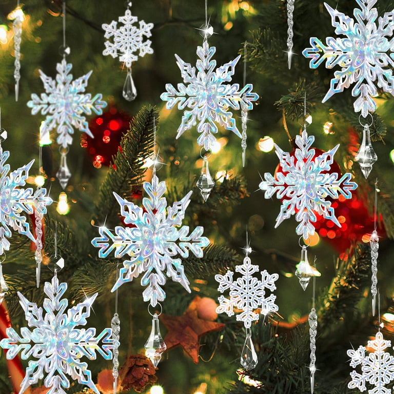 Ayieyill 24Pcs Snowflake Ornament Christmas Tree Ornaments，Christmas  Snowflake Drop Ornament Acrylic Icicle Christmas Hanging Acrylic Crystal