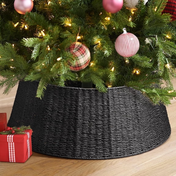 Ayieyill 26 inch Christmas Tree Collar, Christmas Tree Skirt Cover for Christmas Tree Decorations | Rattan (Black)