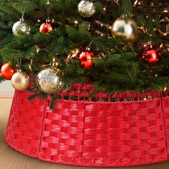 Ayieyill 26 Inch Christmas Tree Collar, Christmas Tree Skirt Cover for Christmas Tree Decorations | Wooden | Red