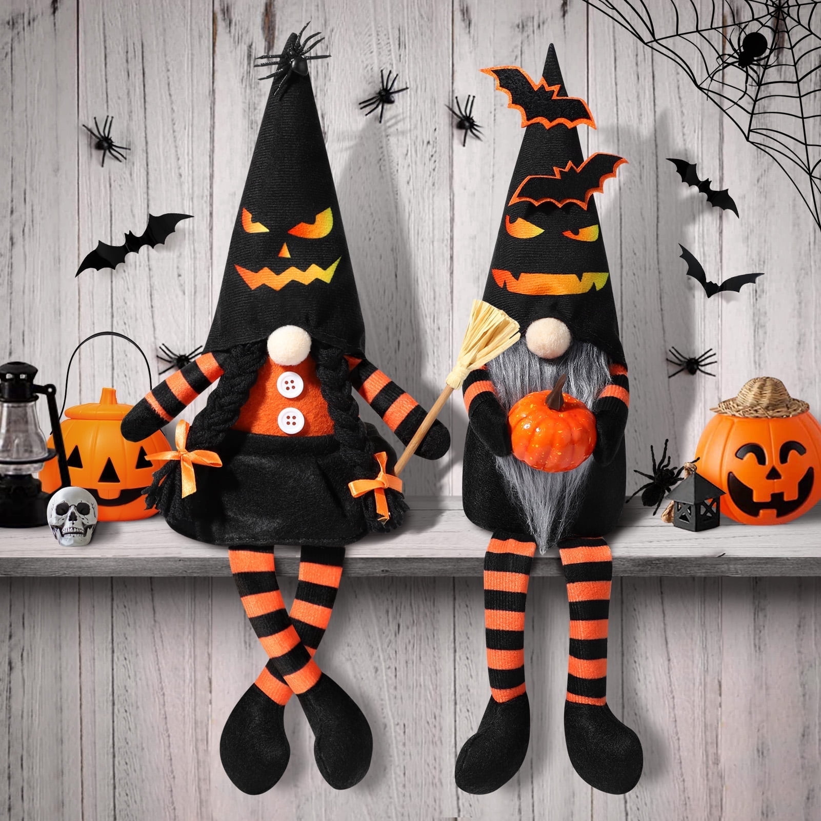 Ayieyill 2PCS Halloween Gnome Plush Decorations - Mr and Mrs Handmade Scandinavian Tomte for Halloween Table