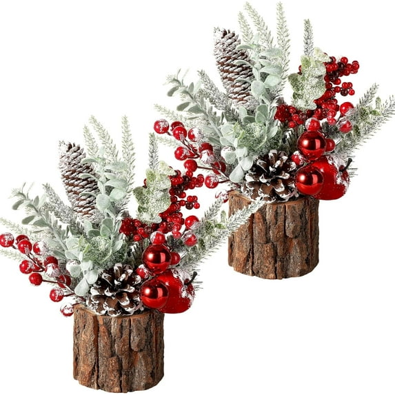 Ayieyill 2Pack Small Christmas Tree with Christmas Ornaments Pine Cone Berry, Small Xmas Tree for Christmas Decorations Indoor Outdoor(Red-Round)