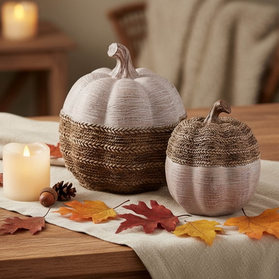 Ayieyill 2pcs Resin Pumpkin Decorations with Rattan Style Fall Decor Autumn Decor Thanksgiving Decorations for Home