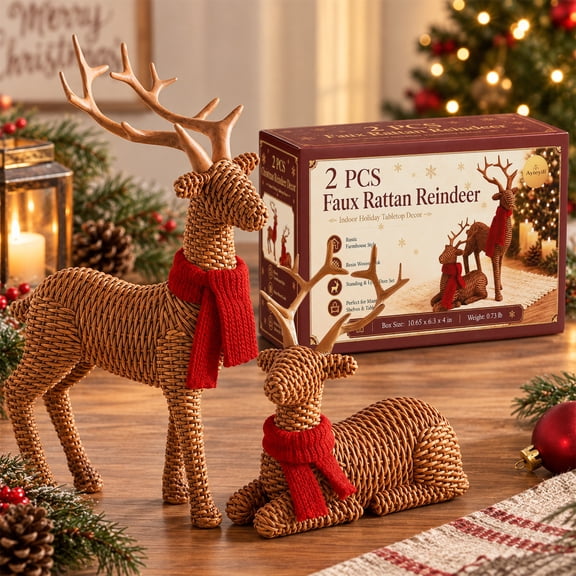 Ayieyill Reindeer Christmas Decorations Indoor, 2 Pcs Reindeer Figurines, Resin Christmas Deer Decor with Red Scarf for Christmas Tabletop Decorations