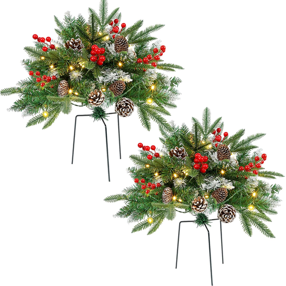 Ayieyill 2Pcs Large Pre-Lit Christmas Urn Filler,w/ Pinecones &Berries, Warm White & Flashing Lts, 23" Diameter (Classic)
