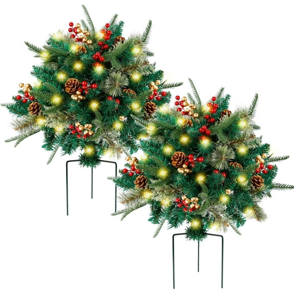 Ayieyill 2Pcs Large Pre-Lit Christmas Urn Filler,w/ Pinecones &Berries, Warm White & Flashing Lts, 23" Diameter (Norfolk Branches)