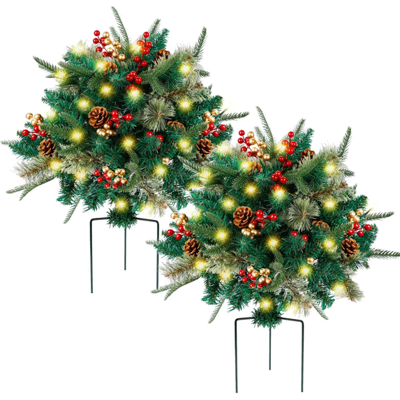 Ayieyill 2pcs Large Pre-Lit Christmas Urn Filler,w/ Pinecones &Berries, Warm White & Flashing Lts, 23" Diameter (Norfolk Branches)