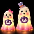 thumbnail image 1 of Ayieyill 2pcs Lighted Halloween Ghost Decor, Resin Ghost Figurines with Purple Pumpkin, Pink Halloween Decor for Halloween Table Decorations, 1 of 6