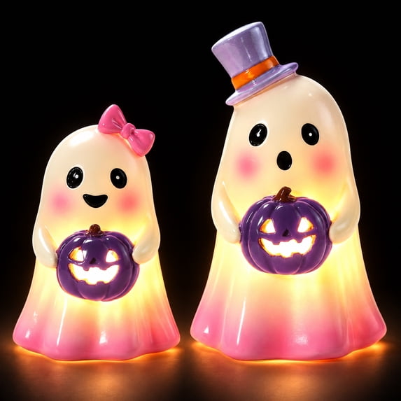 Ayieyill 2pcs Lighted Halloween Ghost Decor, Resin Ghost Figurines with Purple Pumpkin, Pink Halloween Decor for Halloween Table Decorations