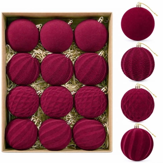 Ayieyill 12 Pack Christmas Ball Ornaments, Flocked Christmas Tree Ornaments, Christmas Hanging Ornaments for Christmas Decorations Indoor, Wine Red