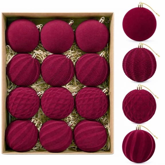 Ayieyill 12 Pack Christmas Ball Ornaments, Flocked Christmas Tree Ornaments, Christmas Hanging Ornaments for Christmas Decorations Indoor, Wine Red