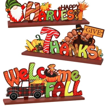 Ayieyill 3pcs Thanksgiving Decorations Indoor, Thanksgiving Table Decor, Turkey Pumpkin Fall Decor, Wooden Signs Decor