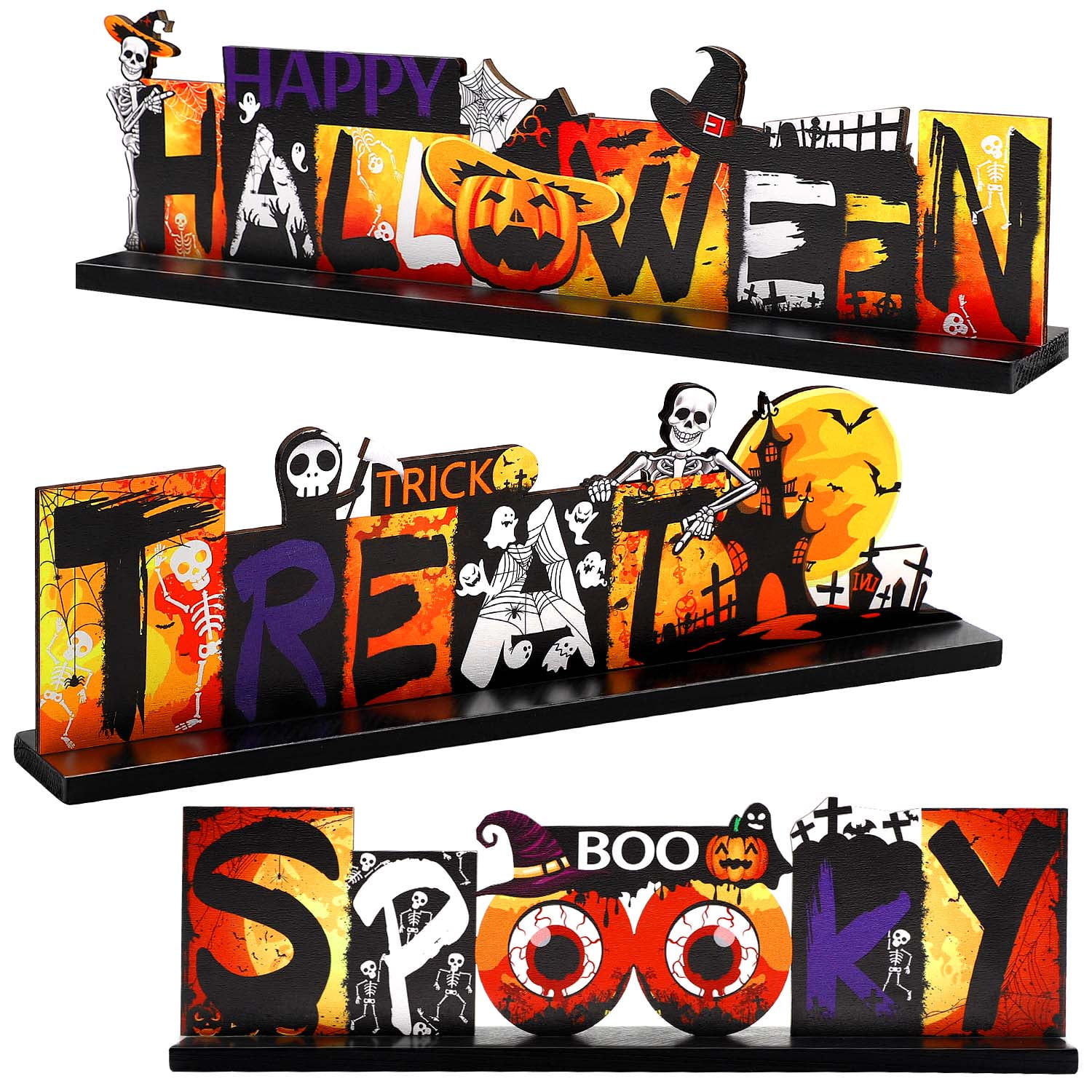 Ayieyill 3Pcs Halloween Wooden Table Centerpieces Signs, Halloween Decorations Indoor Table Decor for Halloween Party Supplies, Orange