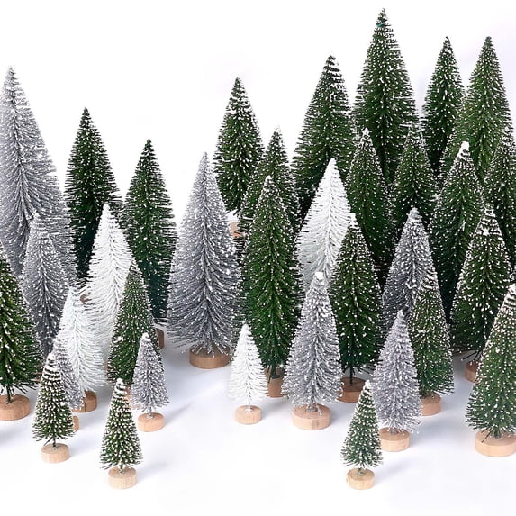 Ayieyill 30PCS Artificial Mini Christmas Trees, Mini Pine Tree Sisal Trees with Wood Base Bottle Brush Trees for Christmas Decorations Table Top Decor Winter Crafts Ornaments (Green Silver White)