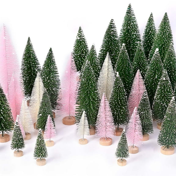 Ayieyill 30PCS Artificial Mini Christmas Trees, Mini Pine Tree Sisal Trees with Wood Base Bottle Brush Trees for Christmas Table Top Decor Winter Crafts Ornaments (Green Beige Pink)
