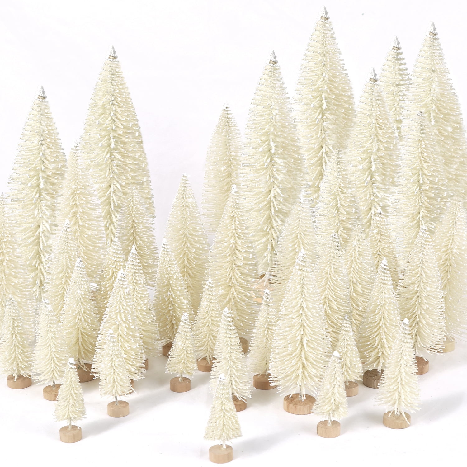 Ayieyill 30PCS Artificial Mini Christmas Trees, Mini Pine Tree Sisal Trees with Wood Base Bottle Brush Trees for Christmas Table Top Decor Winter Crafts Ornaments (Beige)