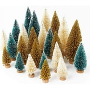 Ayieyill 30PCS Artificial Mini Christmas Trees, Upgrade Sisal Pine Trees with Wood Base Bottle Brush Trees for Christmas Table Top Decor(Green, Gold and Ivory)