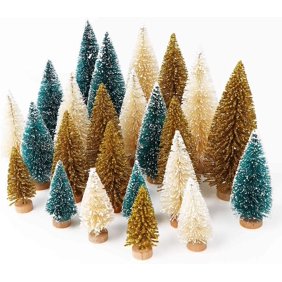 Ayieyill 30PCS Artificial Mini Christmas Trees, Upgrade Sisal Pine Trees with Wood Base Bottle Brush Trees for Christmas Table Top Decor(Green, Gold and Ivory)