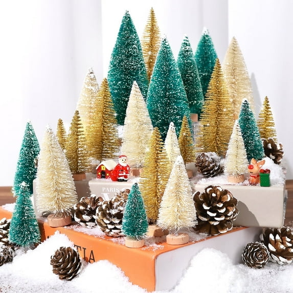 Ayieyill 35Pcs Mini Christmas Trees Bottle Brush Trees with Pine Cone Snow Powder, Christmas Village Sets
