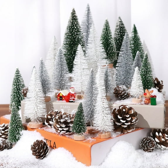 Ayieyill 35Pcs Mini Christmas Trees Bottle Brush Trees with Pine Cone Snow Powder, Christmas Village Sets