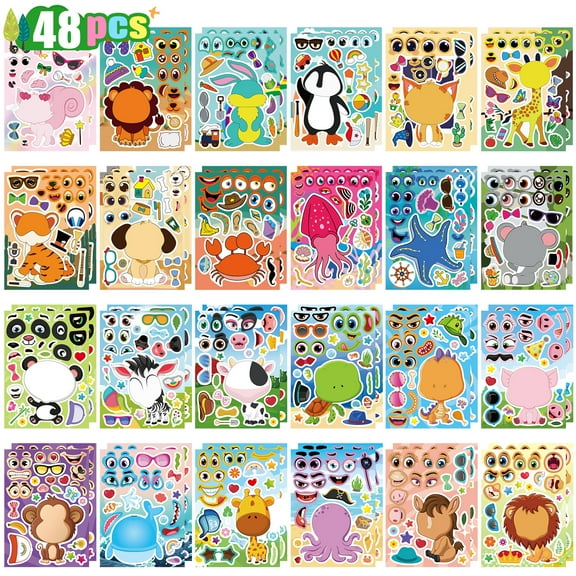 Ayieyill 48PCS Make a Face Animal Stickers Pack for Kids, DIY Sticker Sheets, Party Favors and Goodie Bag Stuffers