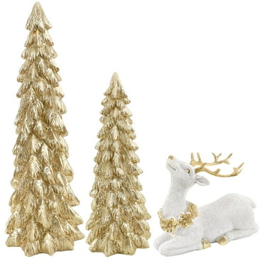 Ayieyill 3Pcs Resin Christmas Tree and Reindeer Decortion, Small Christmas Decorative Figurine Set, Christmas Tabletop Decorations Indoor (Champaign Gold)