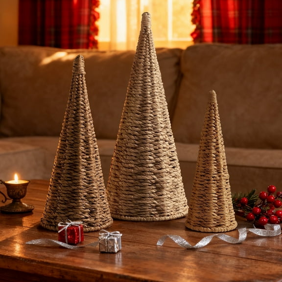 Ayieyill Tabletop Christmas Tree Christmas Decoration indoor, Handmade Wicker Christmas Tree Farmhouse Christmas Decor Rustic Decorations, 3pcs Khaki