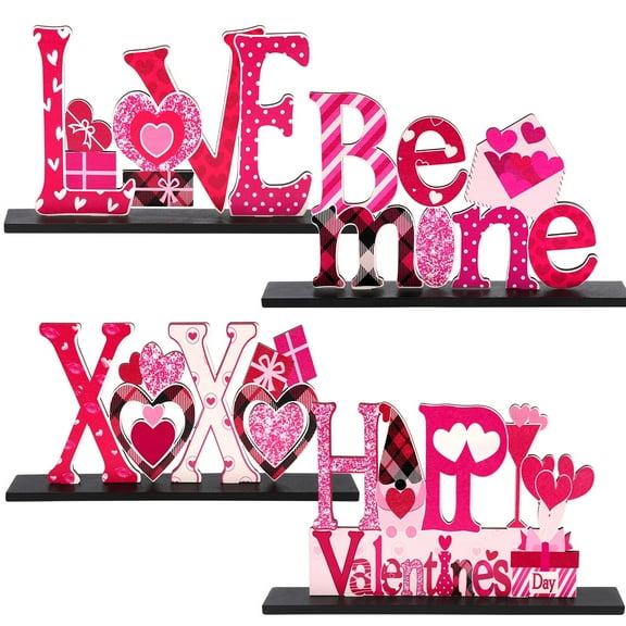Ayieyill 4 Pcs Valentine's Day Decorations Love Wooden Table Sign, Romantic Tabletop Centerpiece Signs Ornaments for Gift Dining Room Table Wedding Anniversary Party Supplies Décor Tray Decor