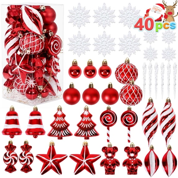 Ayieyill 40ct Christmas Ball Ornaments, Shatterproof Christmas Ornament Set, Christmas Ball with Rope for Tree (Red White)