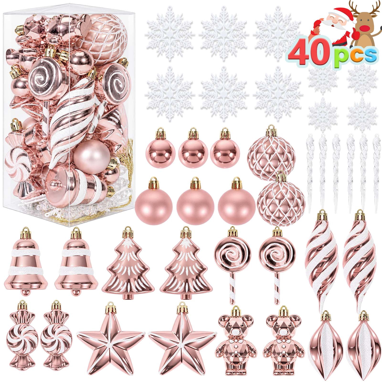 Ayieyill 40ct Christmas Ball Ornaments, Shatterproof Christmas Ornament Set, Christmas Ball with Rope for Tree (Rose Gold)