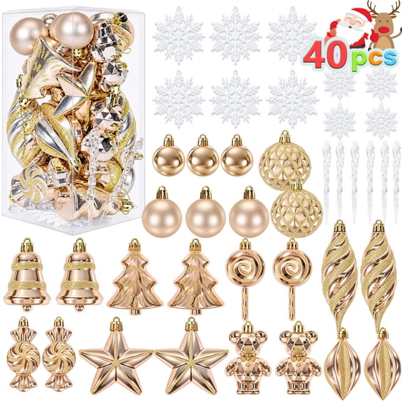 Ayieyill 40ct Christmas Ball Ornaments, Shatterproof Christmas Ornament Set, Christmas Ball with Rope for Tree (Champagne Gold)