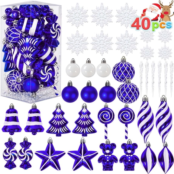 Ayieyill 40ct Christmas Ball Ornaments, Shatterproof Christmas Ornament Set, Christmas Ball with Rope for Tree (Blue White)
