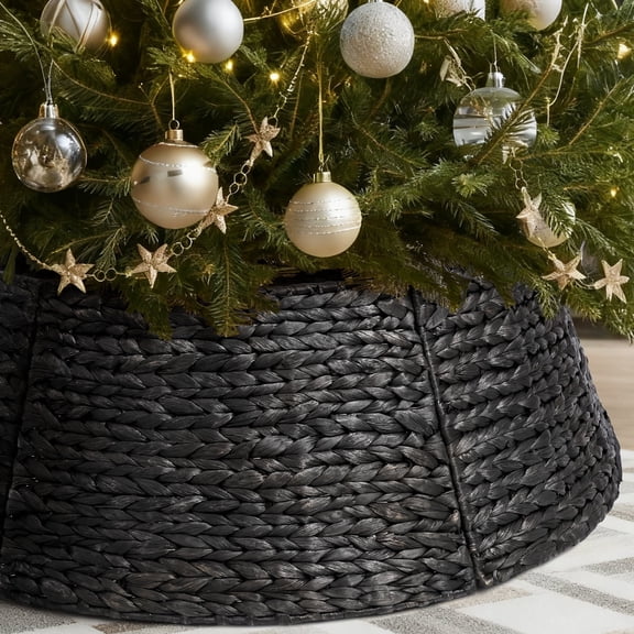 Ayieyill 42in Woven Hyacinth Christmas Tree Collar, Christmas Tree Decorations, Tree Skirt Accessory w/ Cord Cut-Out, Black