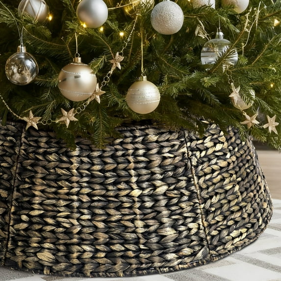 Ayieyill 42in Woven Hyacinth Christmas Tree Collar, Christmas Tree Decorations, Tree Skirt Accessory w/ Cord Cut-Out, Washed Black