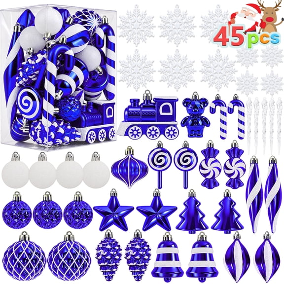 Ayieyill 45ct Shatterproof Christmas Tree Ornaments Sets, Plastic Christmas Balls Ornaments with Hanging Strings for Christmas Decorations(Blue White)