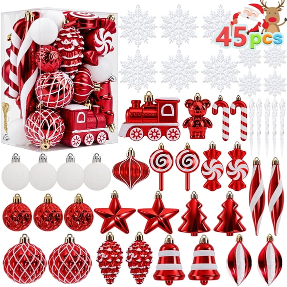 Ayieyill 45ct Shatterproof Christmas Tree Ornaments Sets, Plastic Christmas Balls Ornaments with Hanging Strings for Christmas Decorations(Red White)